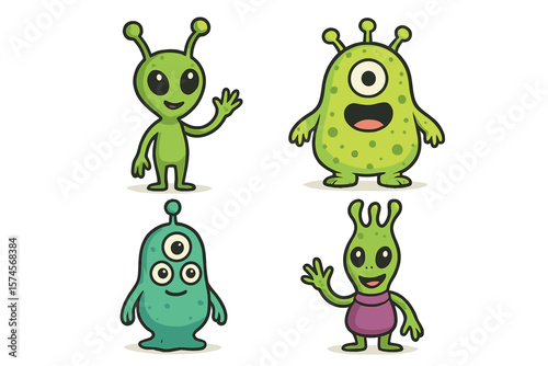 Colorful cartoon aliens in playful poses showcasing unique features and expressions in a fictional alien world