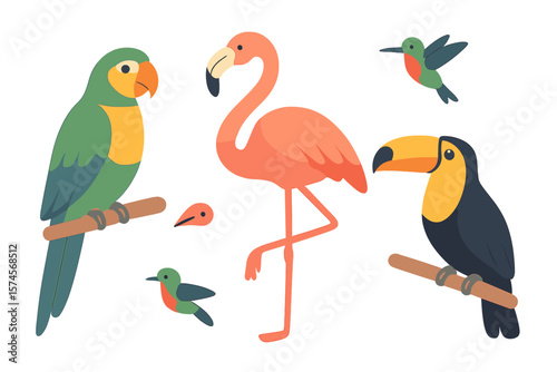Colorful tropical birds in a cheerful illustration capturing the diversity of avian species found in vibrant ecosystems