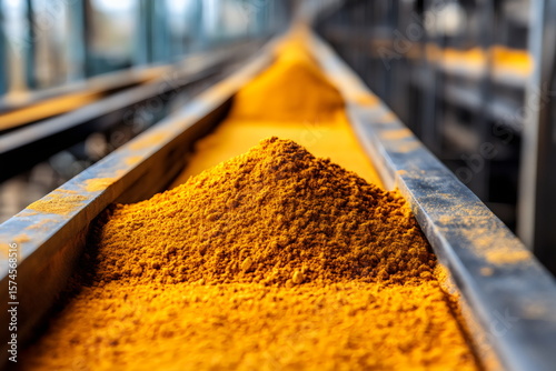 Fototapeta Naklejka Na Ścianę i Meble -  Vibrant turmeric powder flowing on conveyor belt in spice processing facility near mid-morning