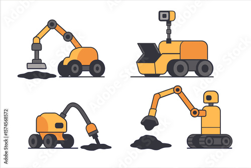 Construction vehicles working on a site, showcasing various machinery at different stages of operation during daylight hours