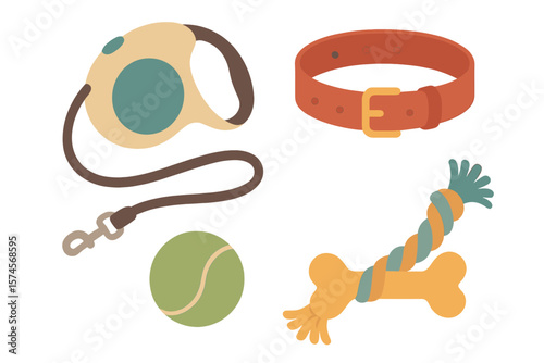Collection of pet accessories including leash, collar, tennis ball, and chew toy for dog care