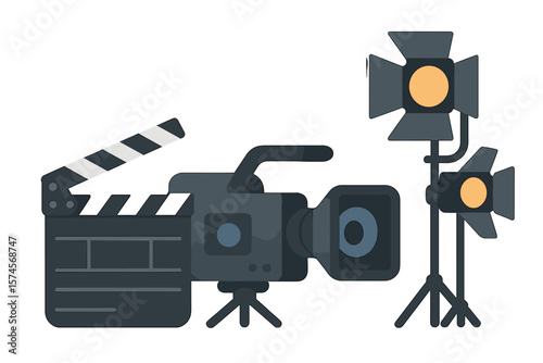 Film production equipment setup in a studio with lights and camera for shooting scenes in an indoor environment