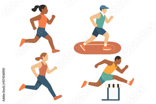 Diverse runners engaging in various athletic activities at a track in bright daylight during a community sports event