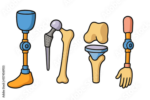 Prosthetic limbs display showcasing various designs and components in a modern context for rehabilitation purposes