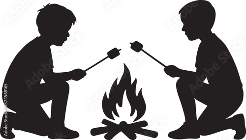 Two Boys Roasting Marshmallows Over Campfire Silhouette Camping Fun