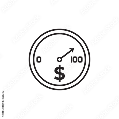 Minimal line icon of a meter or gauge with a dollar sign and numeric scale from 0 to 100, representing credit score, financial rating, or personal creditworthiness.