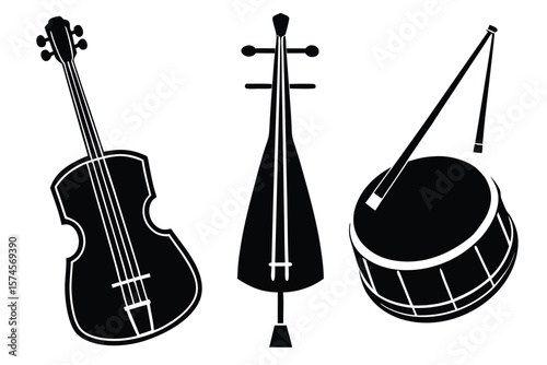 Silhouettes of a violin erhu and drum with drumstick