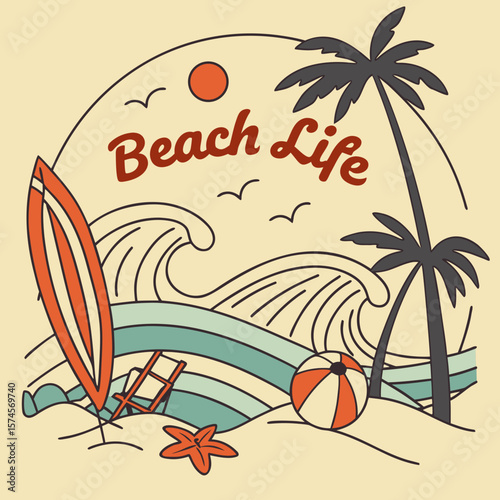 Summer holiday vector illustration; retro summer vacation, beach, sunset, ocean waves, palm trees elements and symbols, Beach life slogan