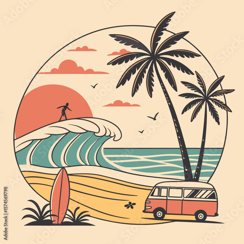 Summer holiday vector illustration; retro summer vacation, beach, sunset, ocean waves, palm trees elements and symbols, Beach life slogan