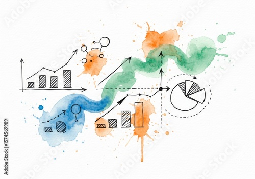 Strategic Growth: A Visual Plan - Visualizing business success, this uses charts, graphs, and flowing watercolor to represent financial planning, risk assessment, and strategic growth for a positive
