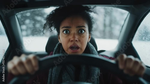 Driver reacts with fear during unexpected moment in winter storm