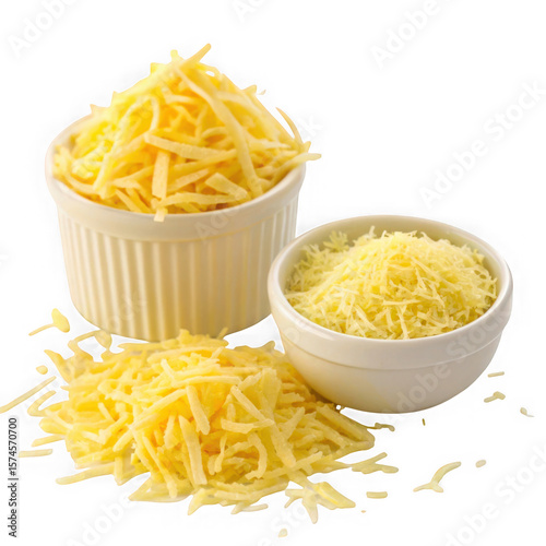 Two bowls filled with grated cheddar cheese and a pile of cheese isolated on transparent background