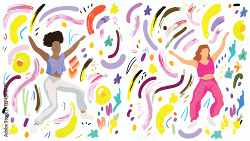 Two figures dancing amidst colorful brushstrokes and shapes in a joyful celebration scene design