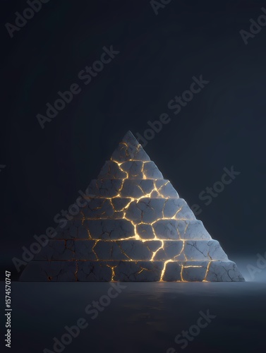 A broken pyramid structure with symbolic cracks and glowing light, conceptual broken pyramid design highlighting symbolic fractures