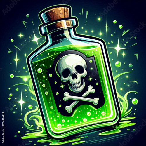 Glowing Green Poison Bottle with Skull Symbol – Halloween Fantasy Elixir Icon