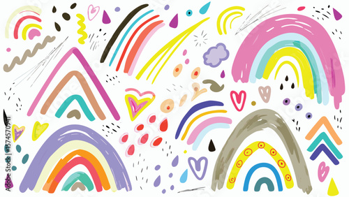 Colorful whimsical pattern featuring rainbows hearts raindrops and abstract shapes on white background