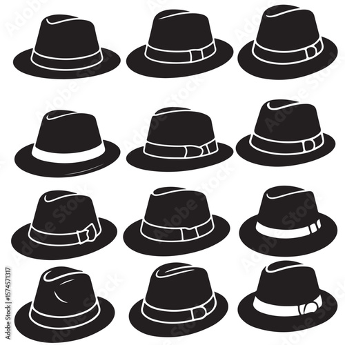 black vector set various fedora hat also outline silhouettes
