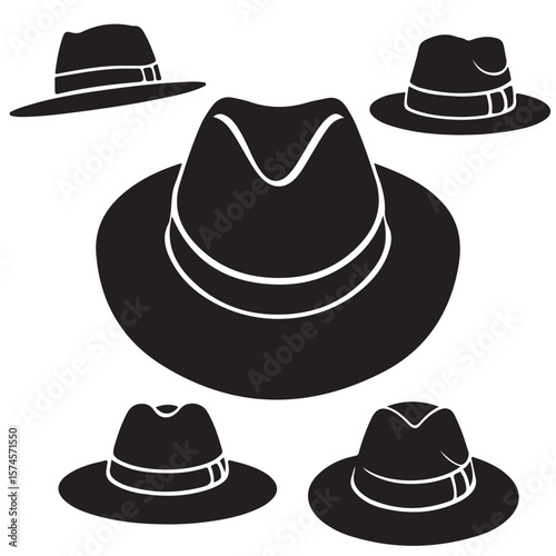 black vector set various fedora hat also outline silhouettes
