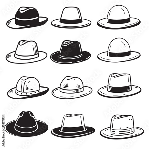 black vector set various fedora hat also outline silhouettes
