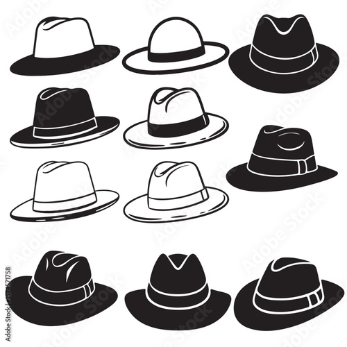 black vector set various fedora hat also outline silhouettes
