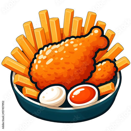 Delicious Fried Chicken With French Fries Vector Flat isolated with white background