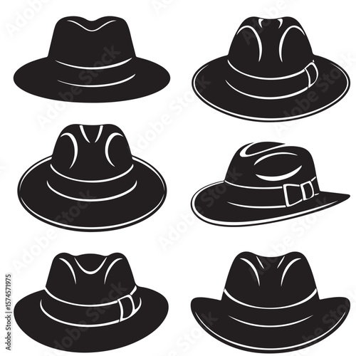 black vector set various fedora hat also outline silhouettes
