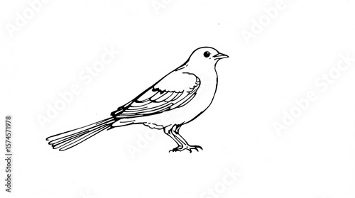 Small bird stands facing right, detailed feathering, isolated on white, in line art