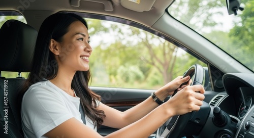 Young Asian woman drives a car. She holds steering wheel, smiles, and looks toward road. Trees are visible through window on sunny day. She wears seat belt in car