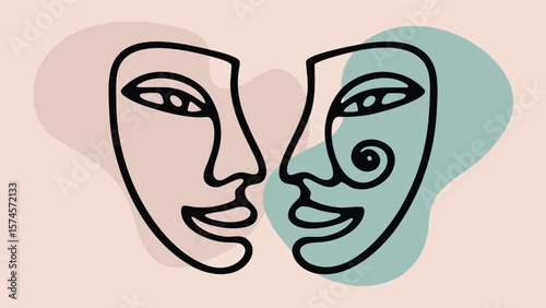 Two abstract faces in black outline with pastel color backgrounds in a modern art style design