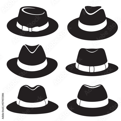 black vector set various fedora hat also outline silhouettes
