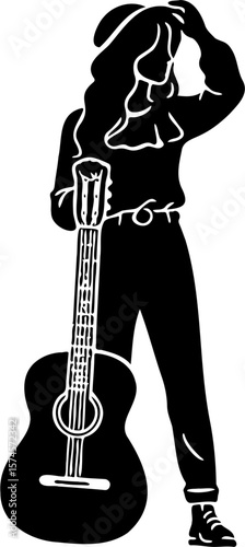 Vector illustration of a silhouette of a girl with her guitar, isolated on white