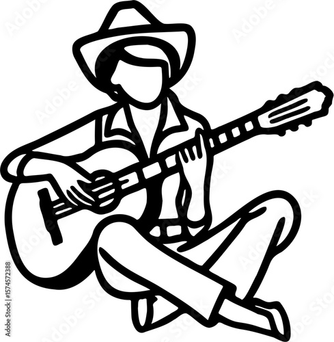 Vector line art illustration of a guy playing guitar, isolated on white