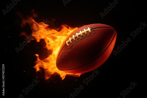 American football is engulfed in orange and yellow flames against a black background. It suggests speed, energy, and fiery competition associated with American Football