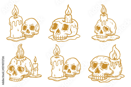 Hand drawn sketch of a melting candle illuminating a skull in line art style