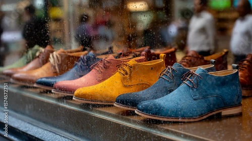 Colorful display of shoes in a rainy urban setting