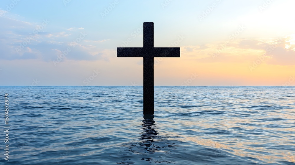 Dark cross silhouette in placid water at sunrise. Dark cross silhouette in placid water at sunrise.