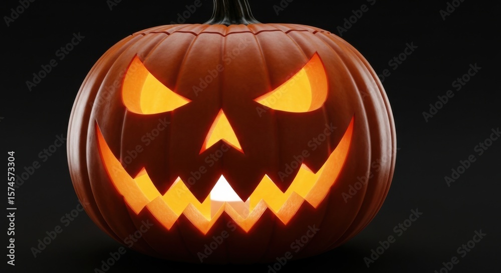 Fototapeta premium An Illuminated Jack O Lantern Grinning Menacingly with an Eerie Glow on Halloween Night