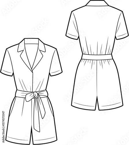 Fashion flat sketch of short sleeve belted playsuit romper with collar, front tie waist, cad drawing flat vector illustration