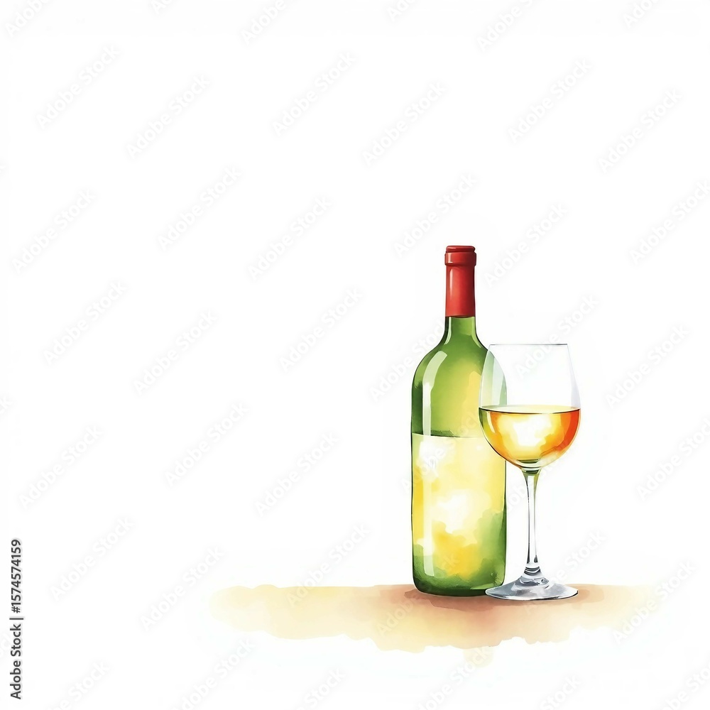 Fototapeta premium Aquarellillustration einer Weißweinflasche mit Glas, 