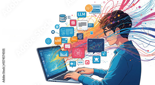 Person Using Laptop With Digital Data Visualization