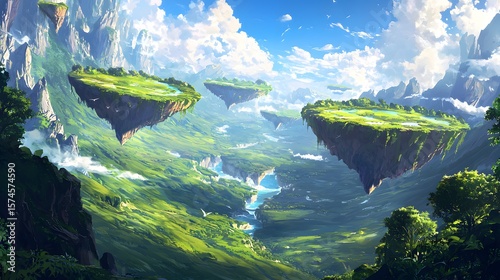 A breathtaking anime-style fantasy landscape showcases lush green valleys, majestic floating islands, and cascading waterfalls creating a serene and magical atmosphere perfect for