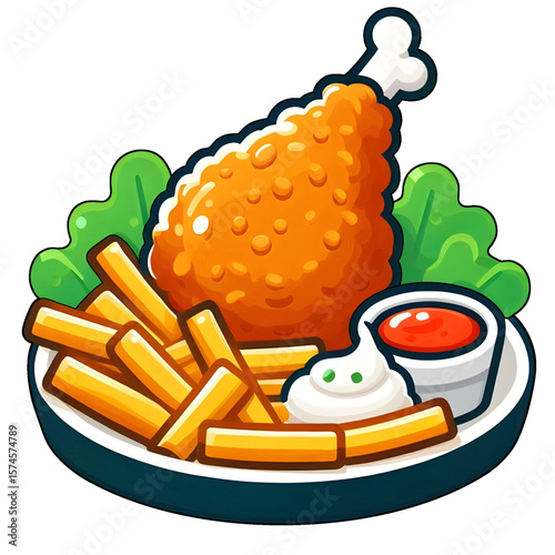 Delicious Fried Chicken With French Fries Vector Flat isolated with white background