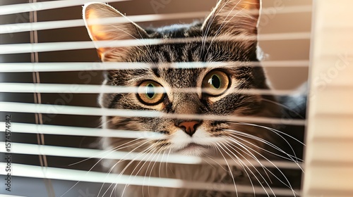 A curious tabby cat with wide eyes peeks inquisitively through slightly open window blinds, its playful nature evident in its intense gaze, a captivating moment of feline curiosity