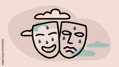 Illustration of drama masks showing happy and sad expressions with tears and cloud shapes above them