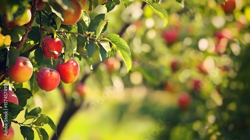 Lush red and yellow s hang heavily on branches in a vibrant fruit orchard providing ample copy space for text and showcasing a bountiful harvest scene perfect for agricultural