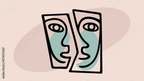 Abstract illustration of two stylized faces with minimalist line art and pastel color palette