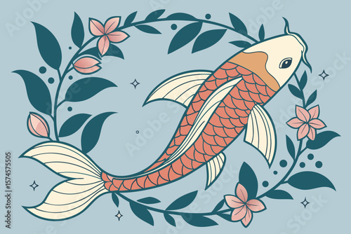 Stylized koi fish swimming amidst a wreath of leaves and pink blossoms on a blue background art