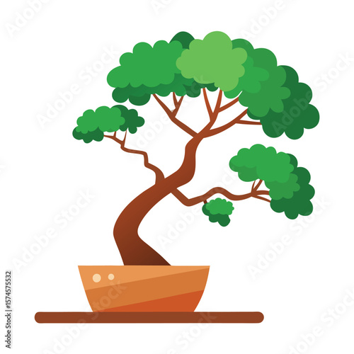 Bonsai tree with beautiful bush shape, pink and yellow flowers, vector illustration on white background.