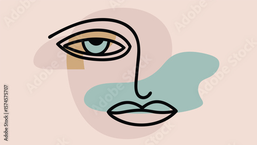 Abstract line art of a face with an eye, nose, and mouth set against pastel color shapes design