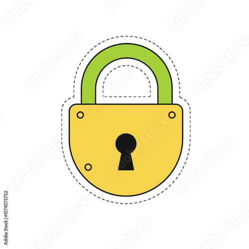 Yellow padlock with green shackle on white background  